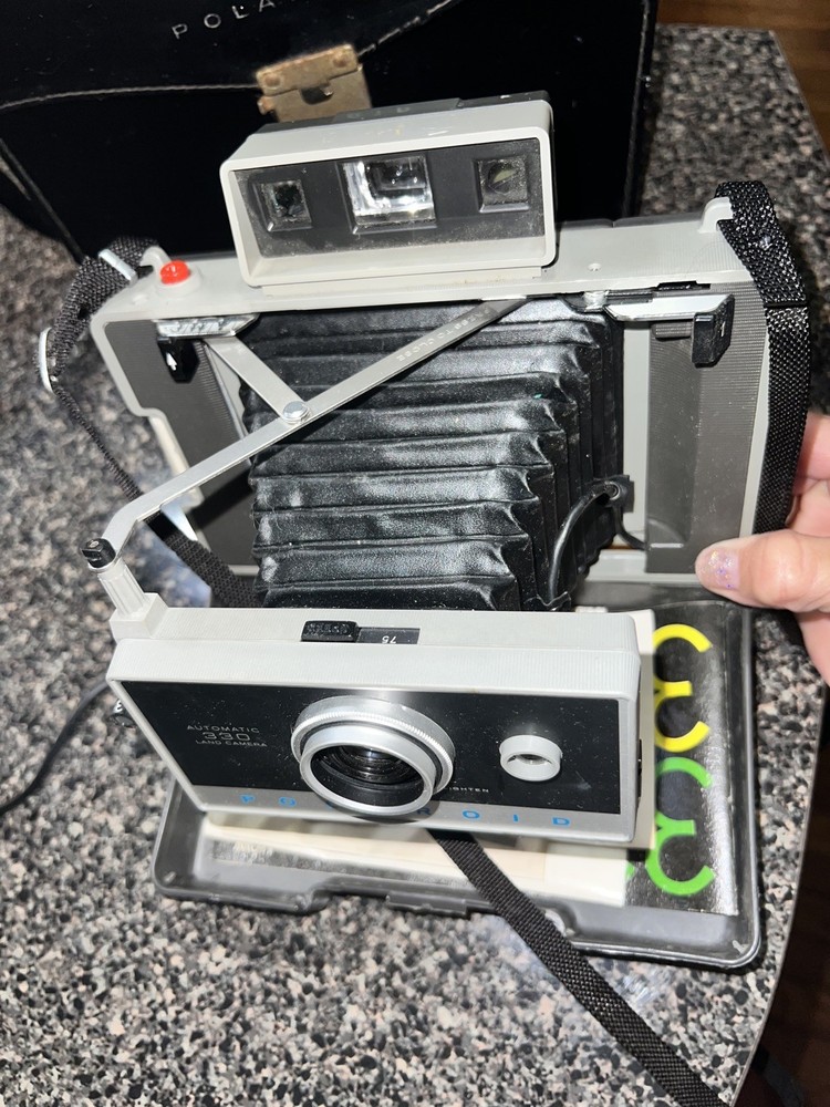 Vintage Polaroid Automatic 330 Land Camera With Case & Manual, Paperwork + Flash