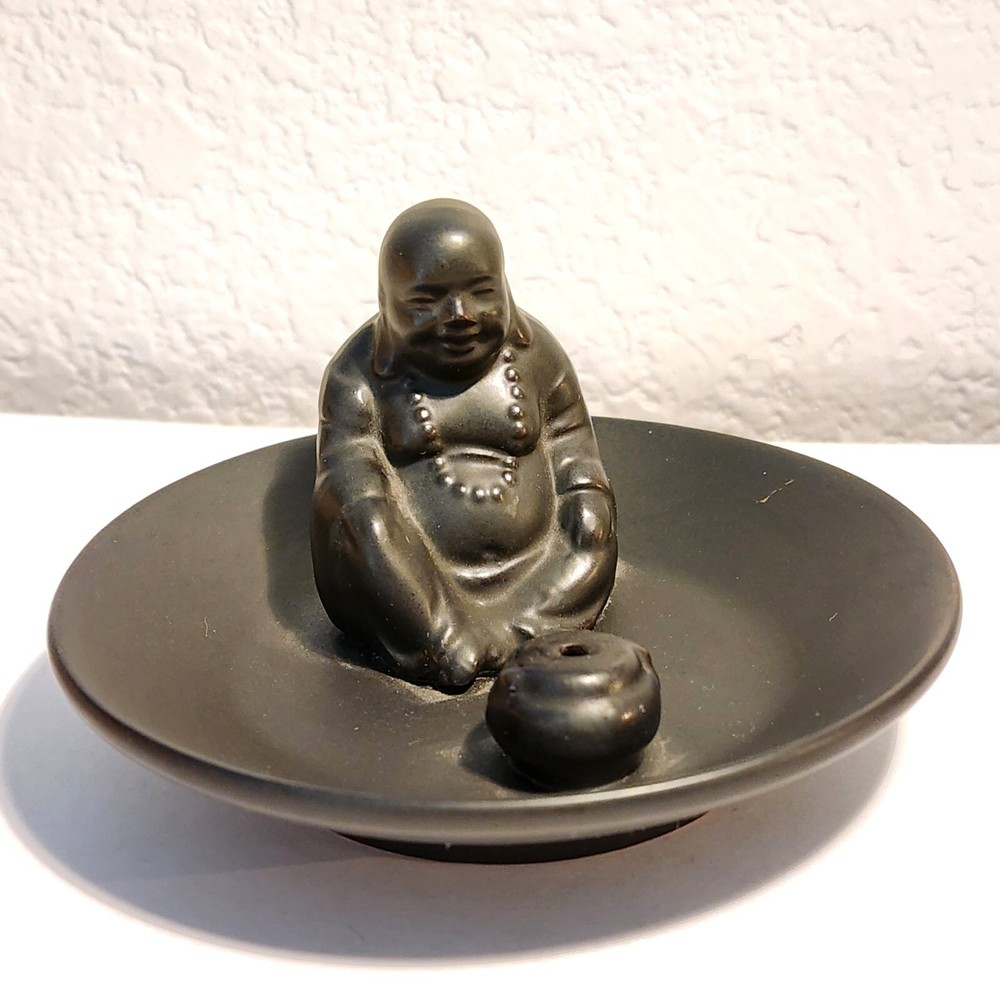 Matte Black Ceramic Buddah Stick Incense Burner, Luck / Happiness
