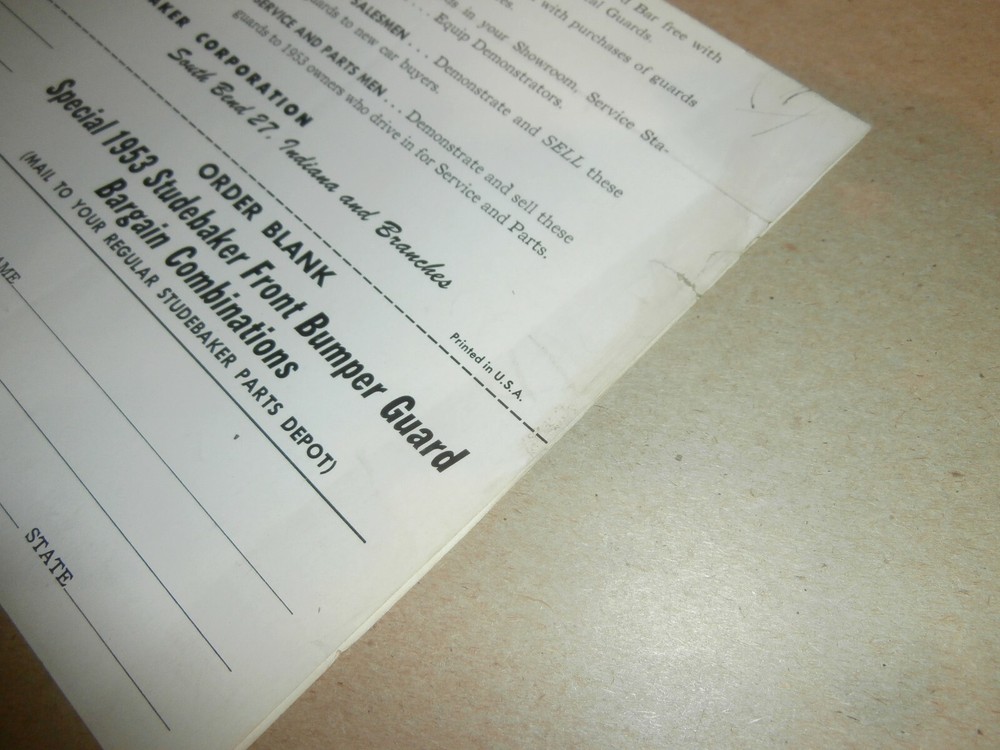 1953 Studebaker Dealer Pamphlet Brochure Order Form Front Bumper Guards