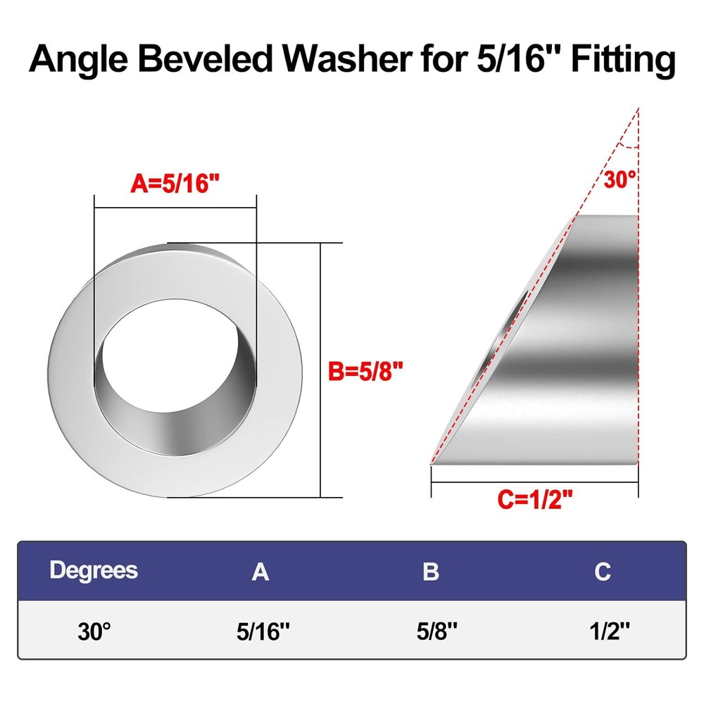 5/16" ID Angle Washers For Cable Railing Posts Stainless Steel 30 Degree 30 Pack