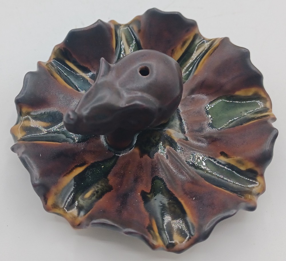 Small Pottery Elephant incense Holder with attached ash catcher plate
