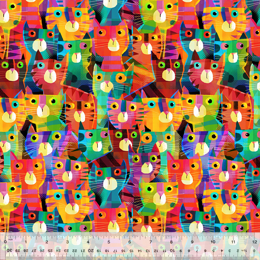 Animal Fabric | Rainbow Clutter Cats Packed | Windham YARD