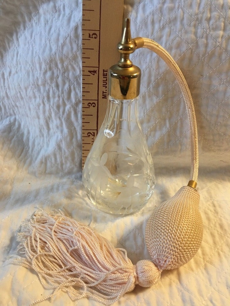 Clear Cut Glass Etched FLOWER Atomizer PERFUME Bottle