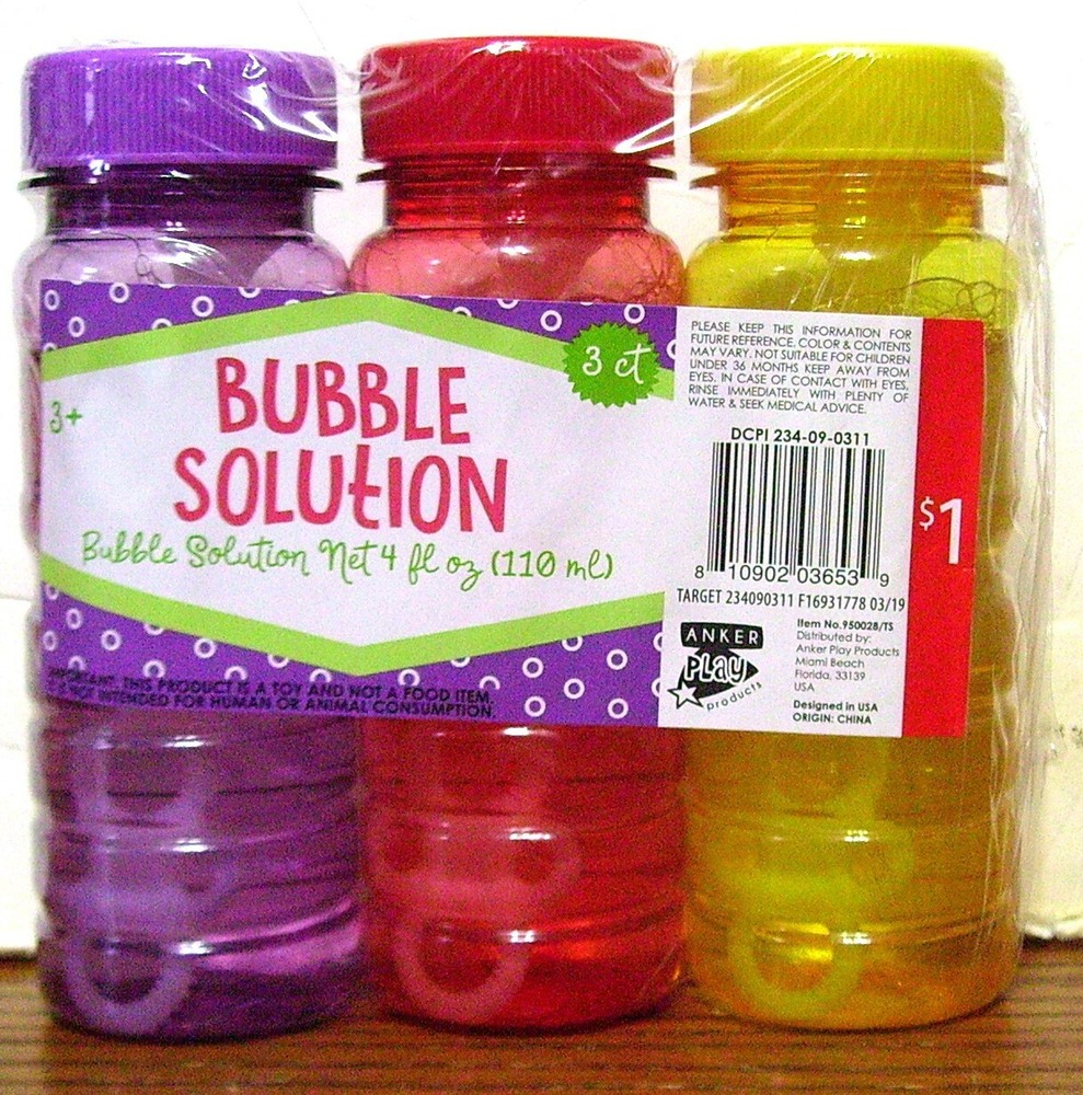 BUBBLE SOLUTION 3 PACK 4 OZ EACH PURPLE/RED/YELLOW