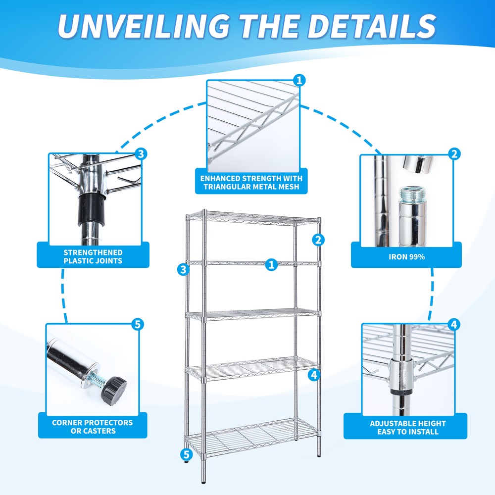 Simple Deluxe Heavy Duty Shelving Unit Wire Metal Stackable Storage 5-Tier Shelf