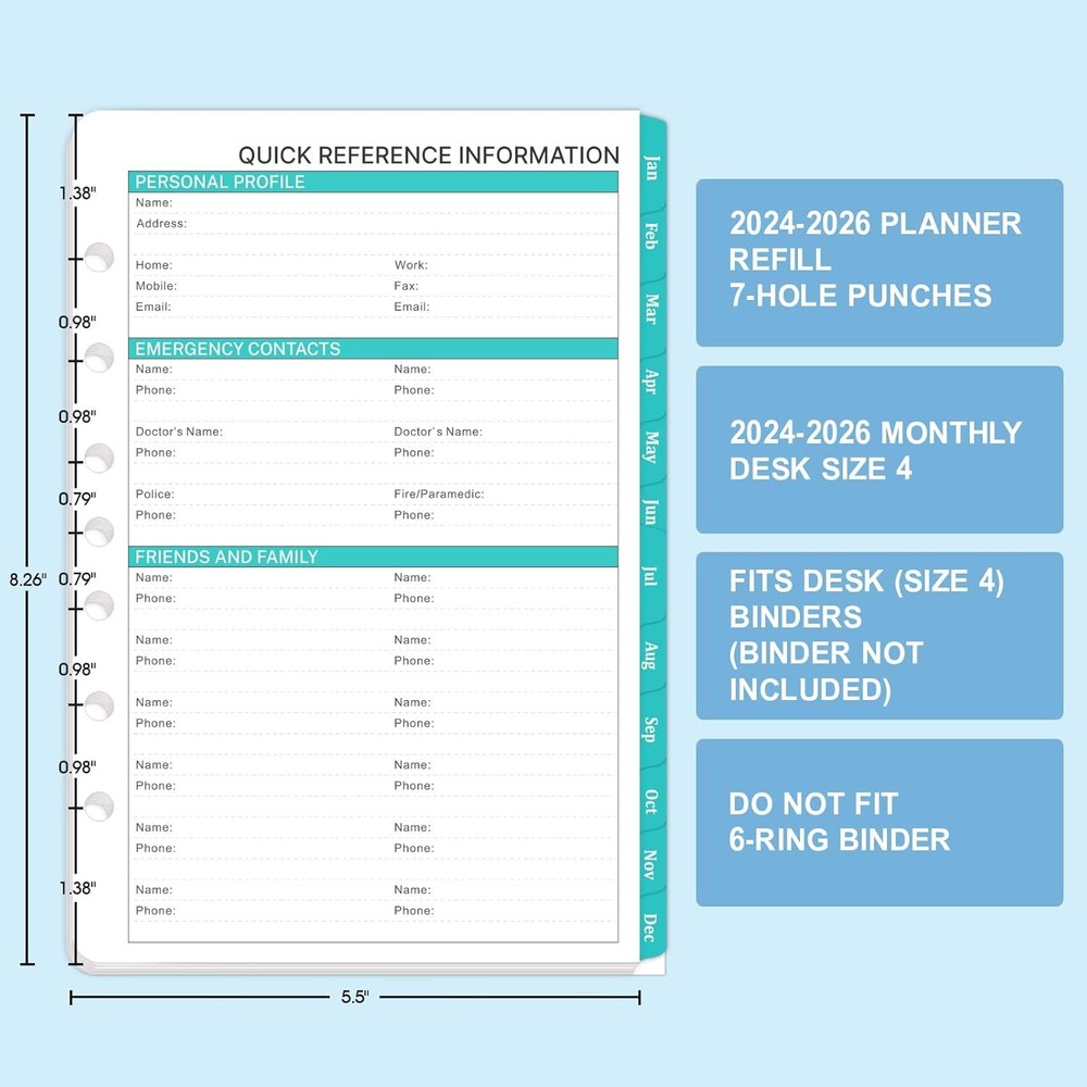 2024-2026 Monthly Planner Refill - Inserts with 7-Hole Punched,...