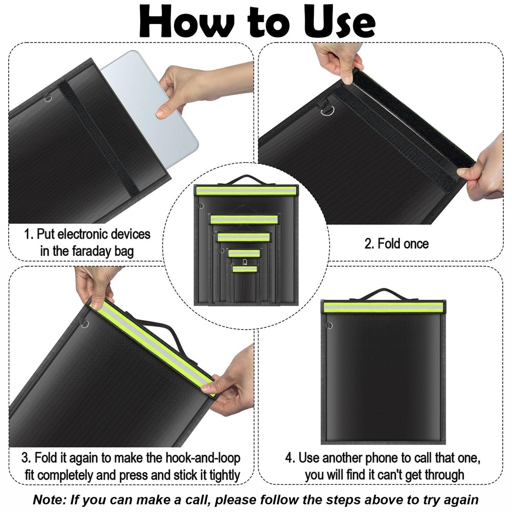 5 Pack Faraday Bags with Handle & Reflective Strip, 5 Pack, black