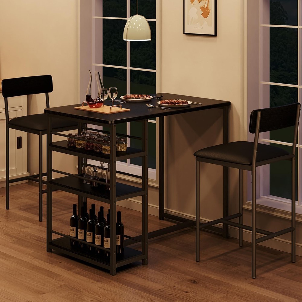 Dining Table Set 2 Counter Height Kitchen Table W/ 2 Upholstered Bar Stools