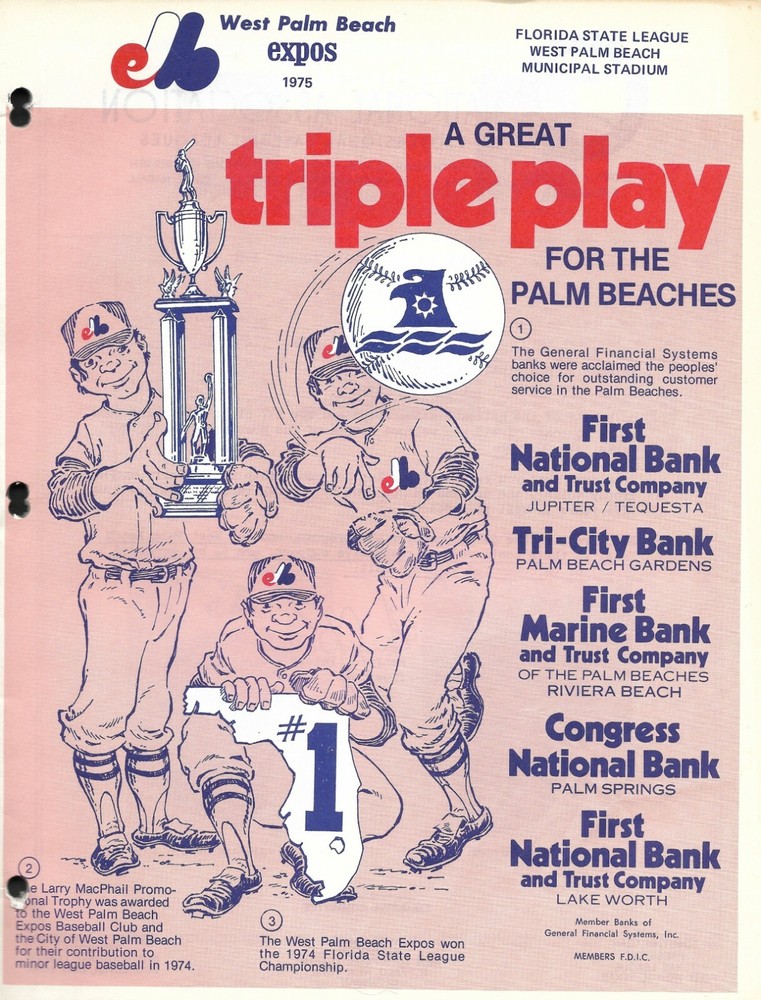 1975  FSL  ( Single A )  WPB EXPOS vs FTL YANKEES  MAGAZINE PROGRAM  VG-EX