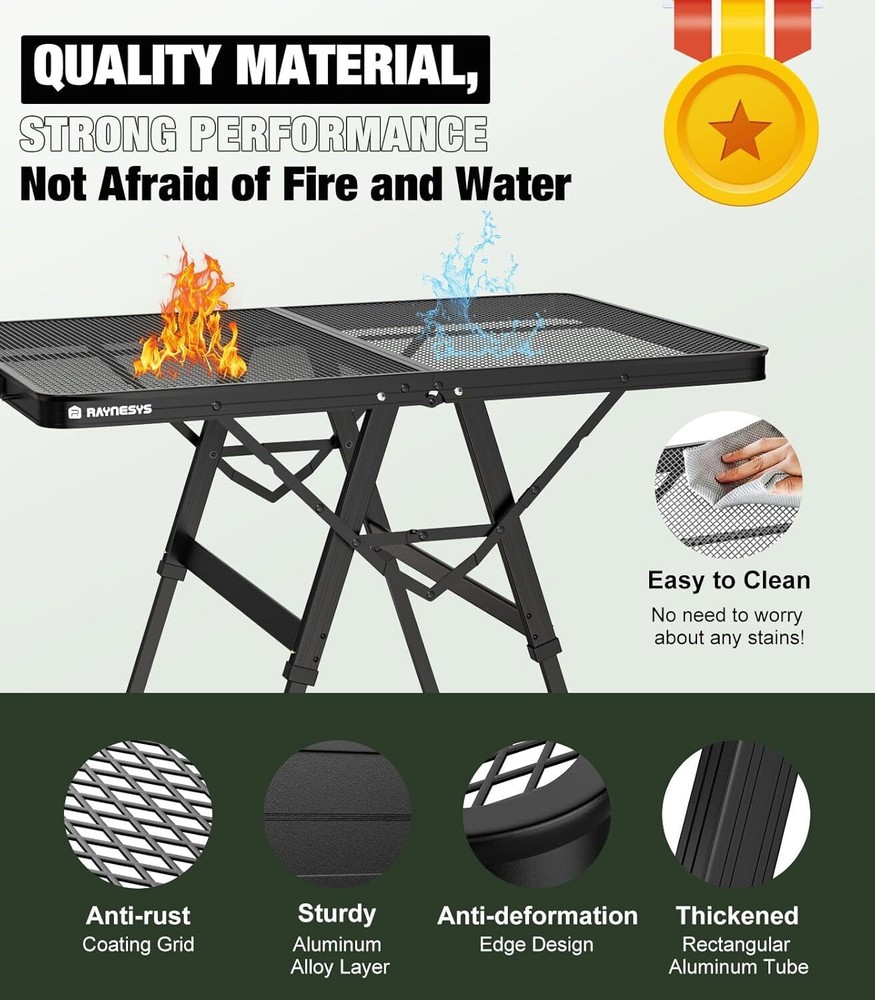 Foldable Grill Table with Mesh Desktop, 200lbs 3Ft Portable Folding Table, Heigh