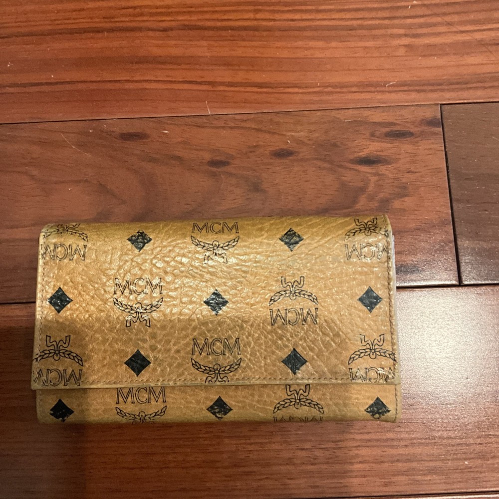 Authentic MCM Large Tri Fold Wallet in Visetos Original Cognac