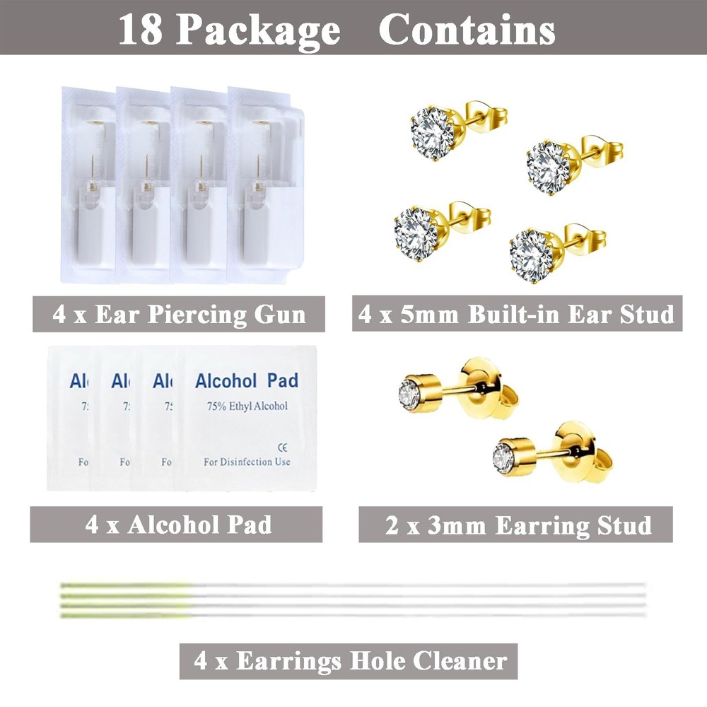 Ear Piercing Kit-18 PCS Disposable Self Ear Piercing Gun Piercing Tools with ...
