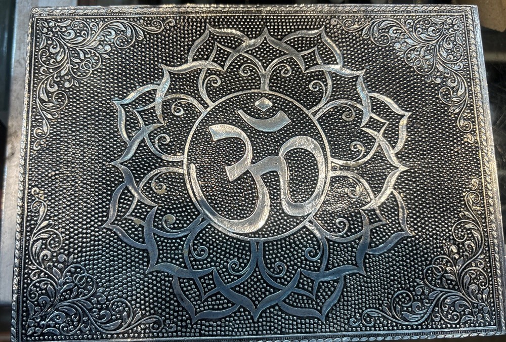 Silver colored Lined tarot card box with Ohm Symbol On It
