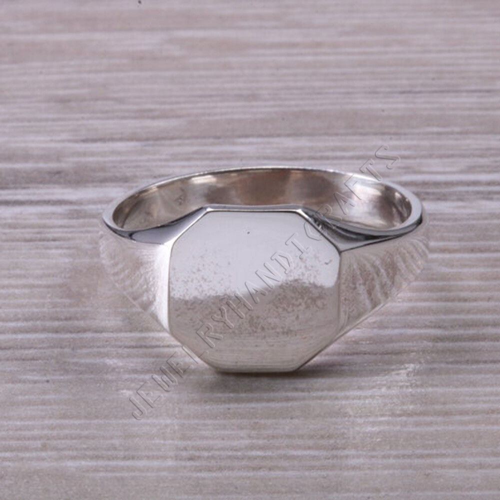 Octagon Signet Ring, Plain Solid 925 Sterling Silver Personalized Gift Ring