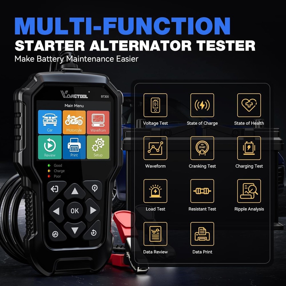 VDIAGTOOL BT300 Car Battery Tester 6V 12V Load Tester Charging System Analyzer
