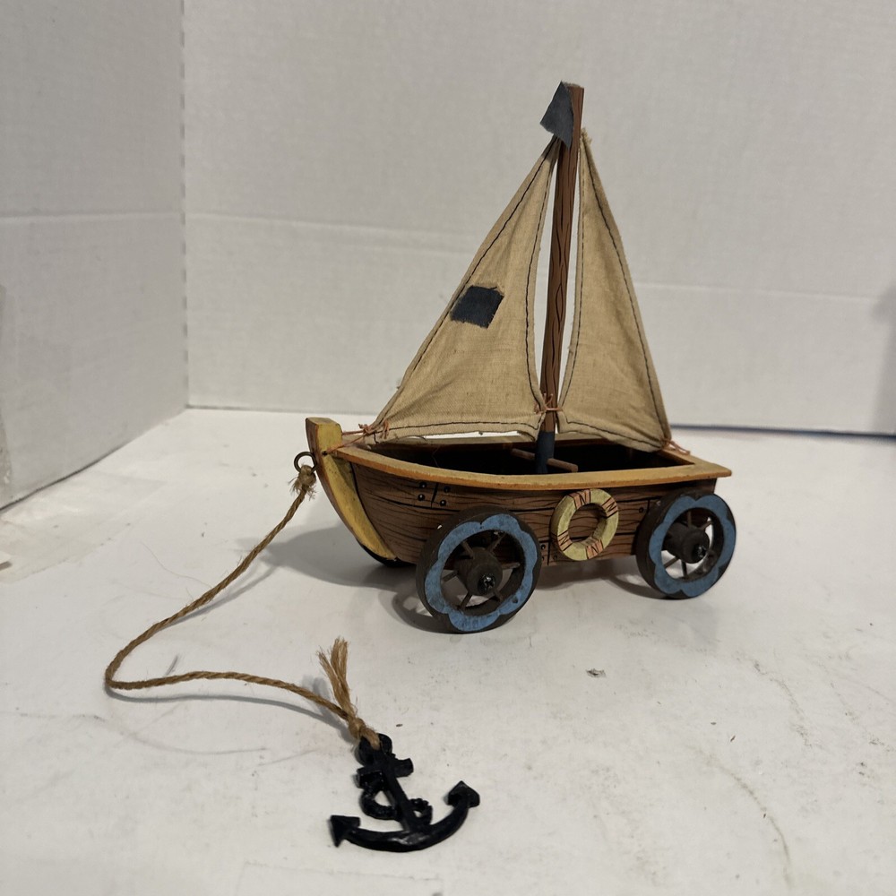 Unique Rare Vintage 1999 Sailboat With Wheel Pull Toy On String ABC Distributing
