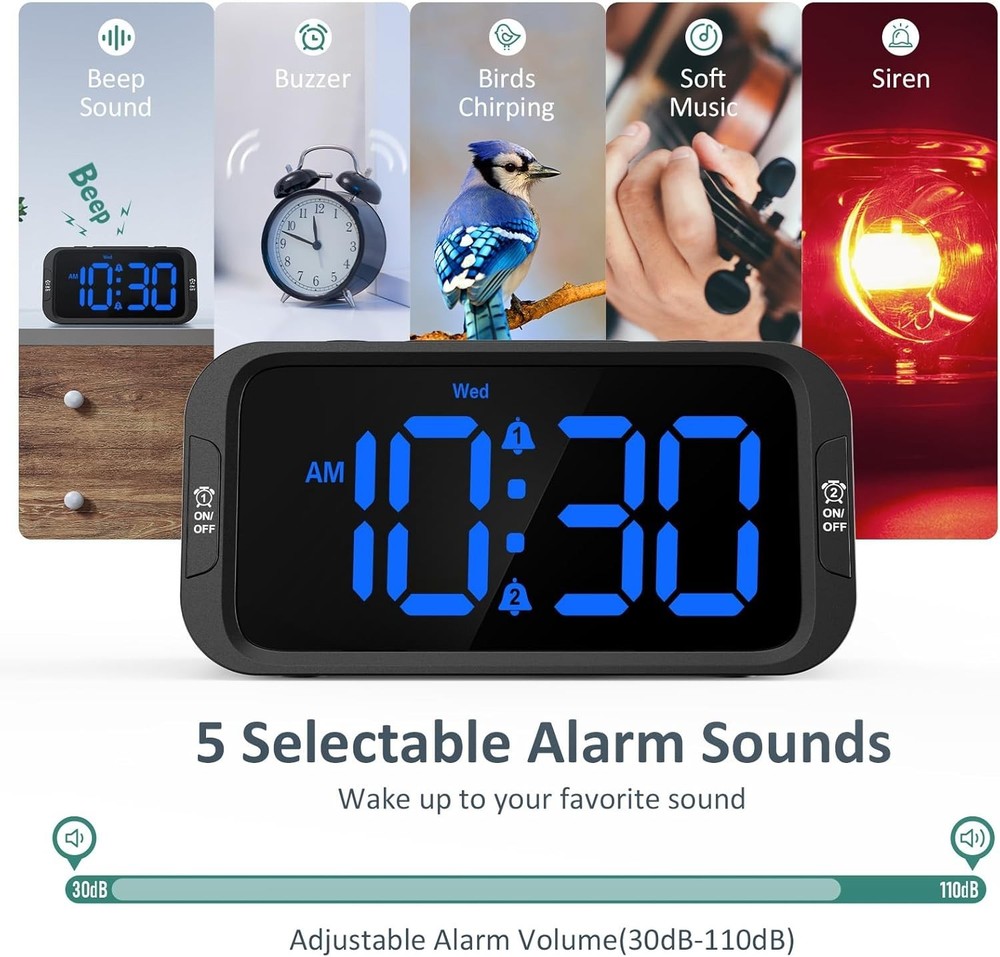 Versatile USB Charging Alarm Clock with Compact Design & Dimmer – Black/Blue LED