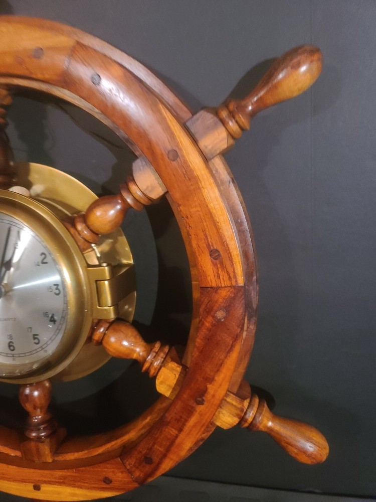 Wood Ships Wheel With Solid Brass Porthole Ships Time Quartz Clock, 24" Diameter