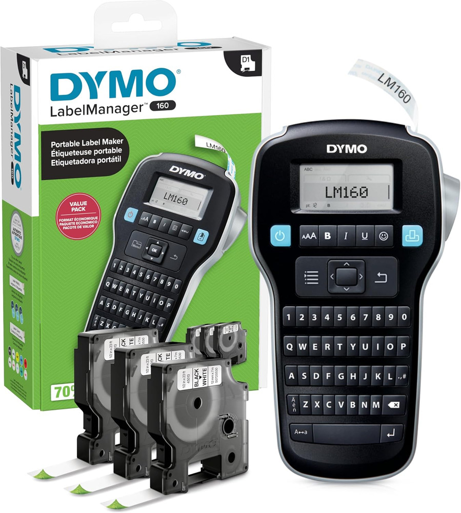 DYMO Labelmanager 160 Portable Label Maker Bundle  Includes 3 D1 Label Cassettes