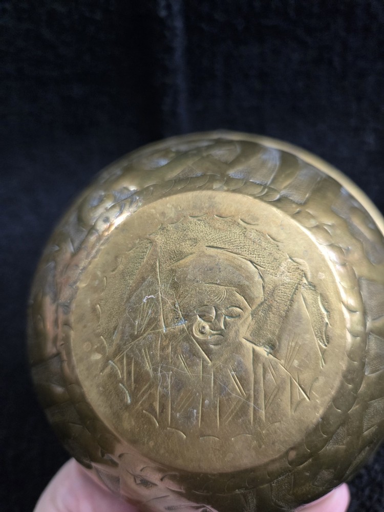 Vintage Middle Eastern Brass Bowls Pair, Engraved Arabic Script, 4.5" Alms