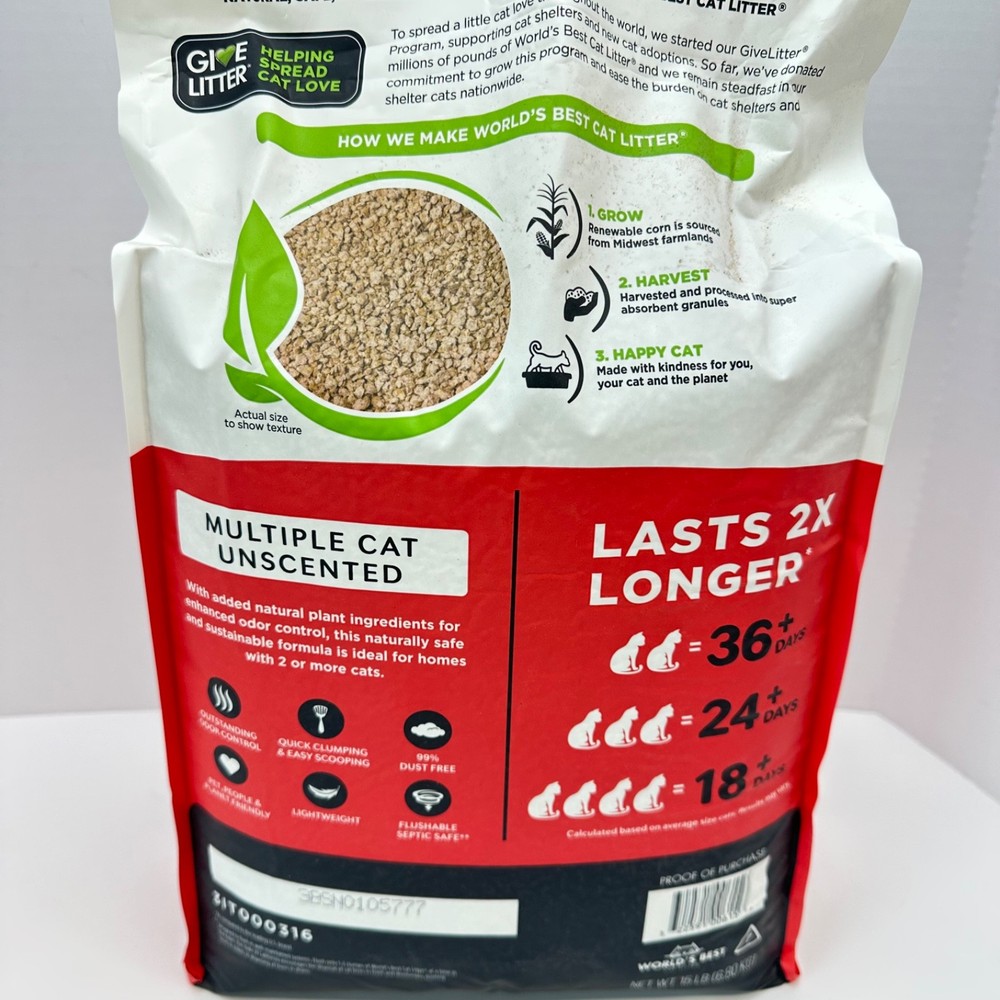 World's Best Cat Litter Unscented, 15 lbs - Natural, Quick Clumping, Flushable