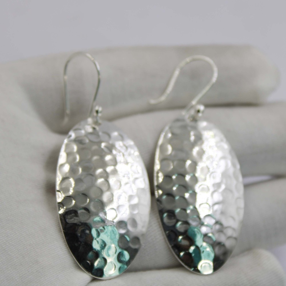 Solid 925 Sterling Silver Hammered Oval Dangle Drop Earrings Textured Handmade