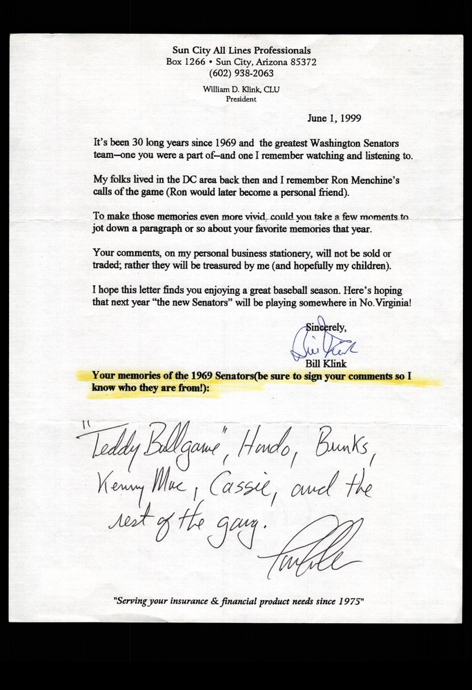 FAN LETTER RESPONSE - TIM CULLEN RE: 1969 WASHINGTON SENATORS, BAS CERTIFIED