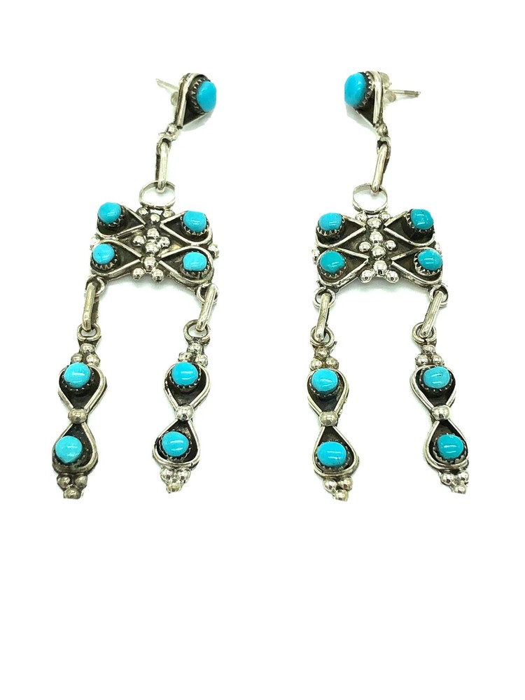 Native American Sterling Silver Handmade Zuni Turquoise Dangle Earring