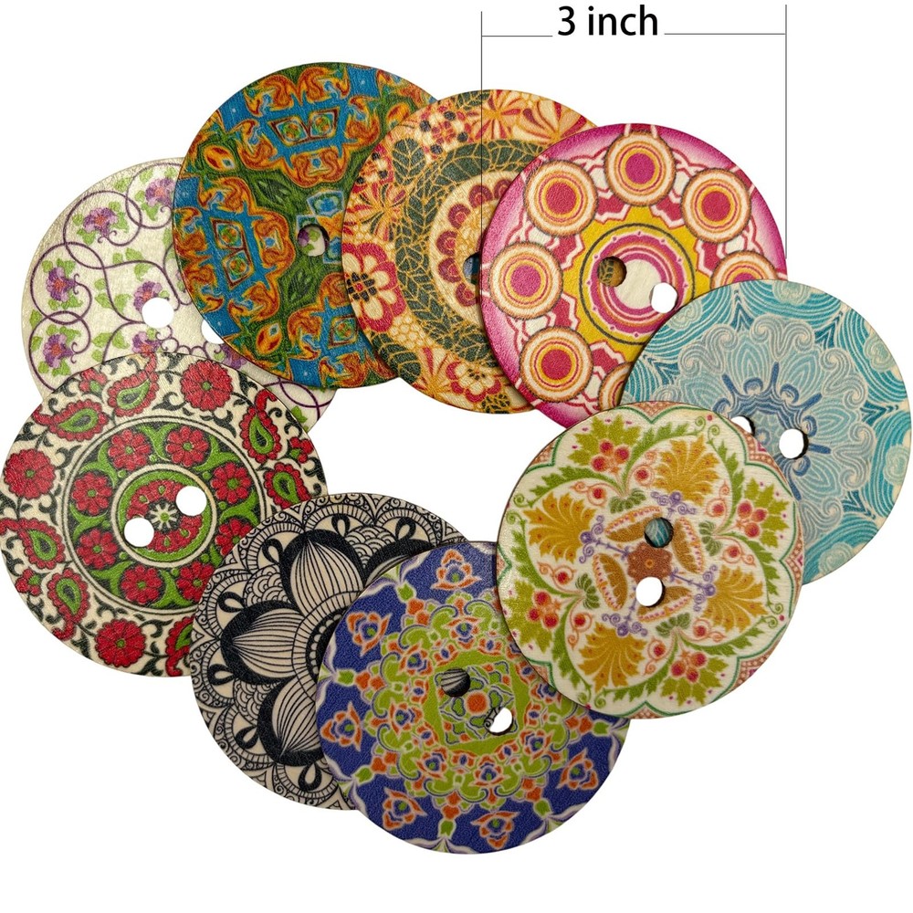 20 Pack Decorative Wood Buttons Mandala Patterns 3 Inch Multicolor Style B