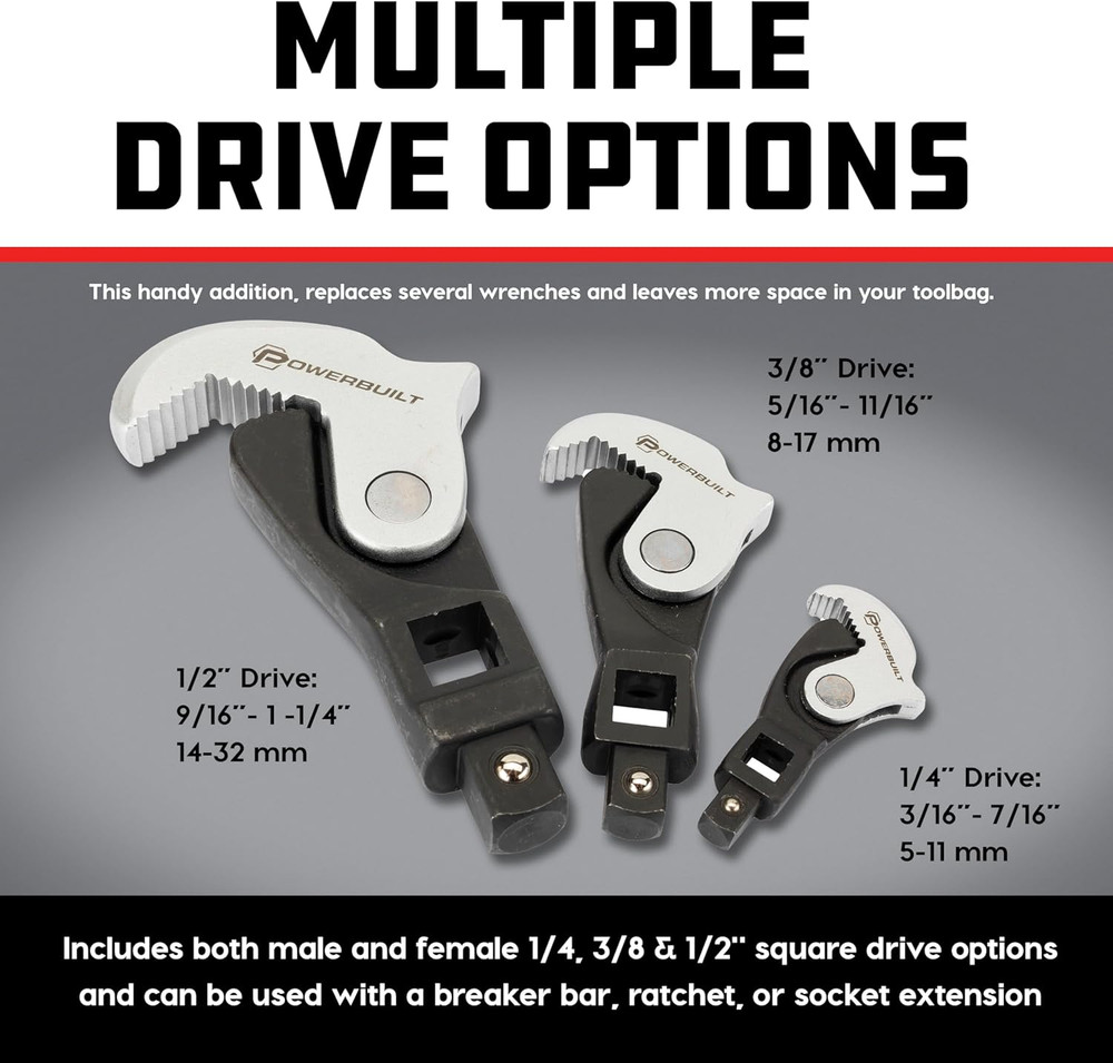 3 Piece Spring-Loaded Crowfoot Wrench Set, Adjustable, Auto Size, Universal Wren