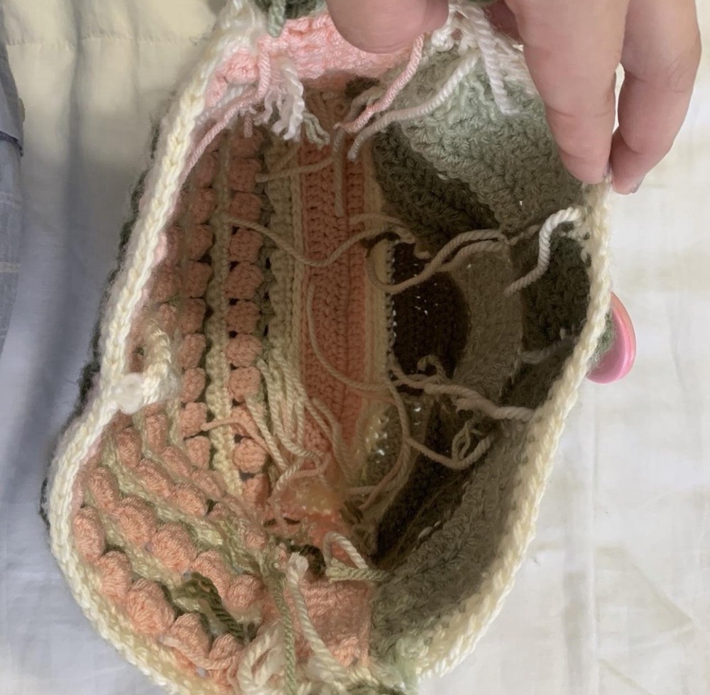 Handcrafted Crochet Shoulder Bag Green Pink White with Button Closure