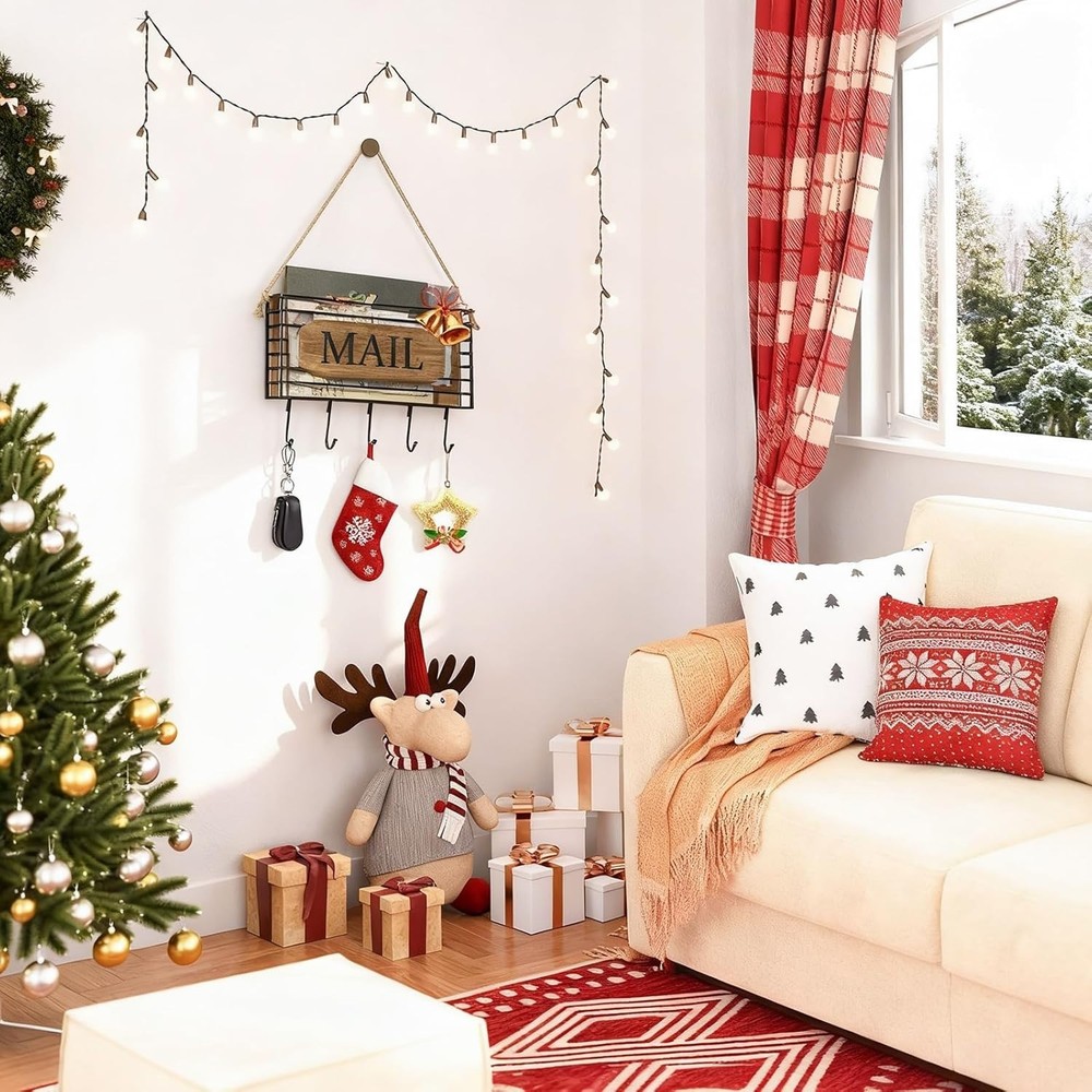 Mail Organizer Wall Mount, Rustic Mail Holder Key Holder for Wall with Hooks,...