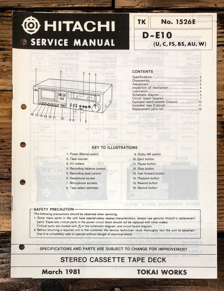 Hitachi D-E10 Cassette Service Manual *Original*