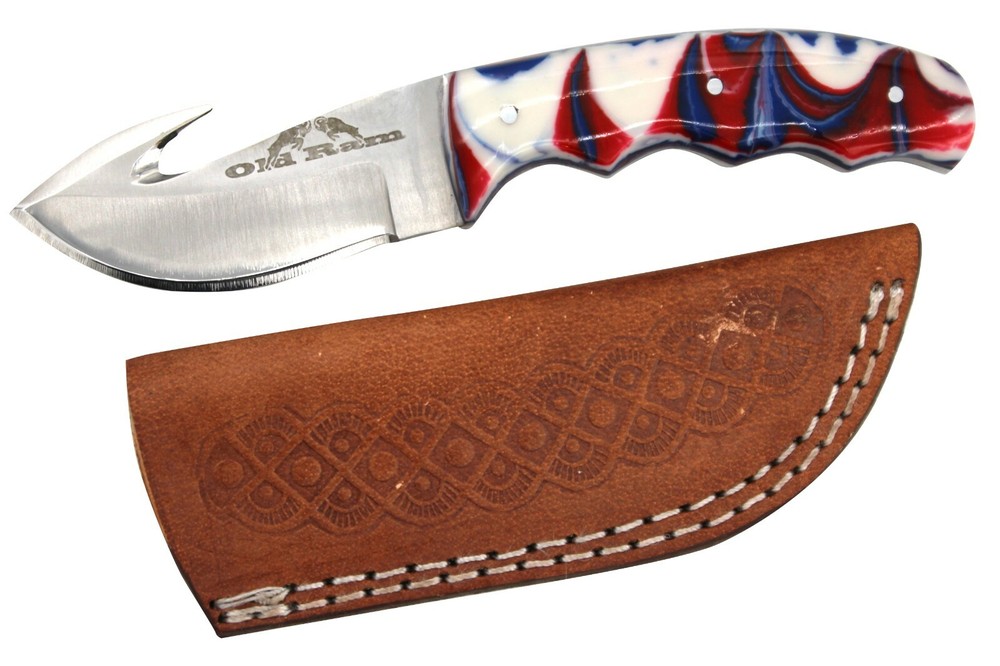 Old Ram Gut Hook Deer Skinner Fixed Blade Sharp Hunting Camping Knife w/ Sheath