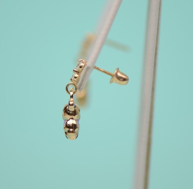 14K Solid Yellow Gold Teddy Bear Dangle Earring with Enamel