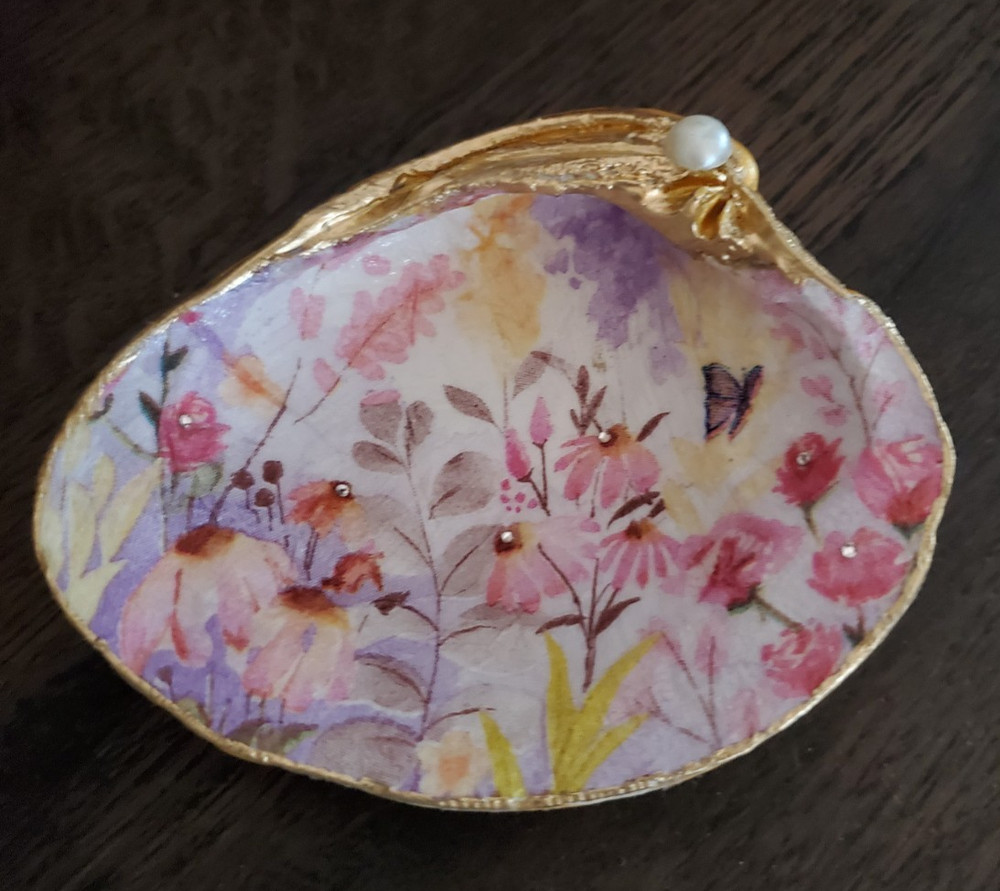 Shells Decoupaged + Flowers + Hand painted Gold Leaf Trim + Butterfly