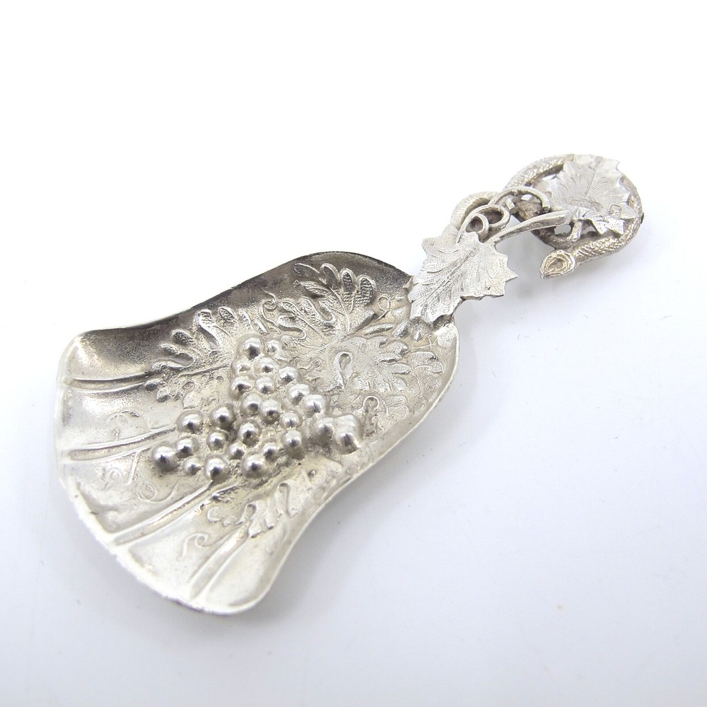 ITALIAN 800 Silver Tea Caddy Spoon Scoop with Figural Grape Vine Handle