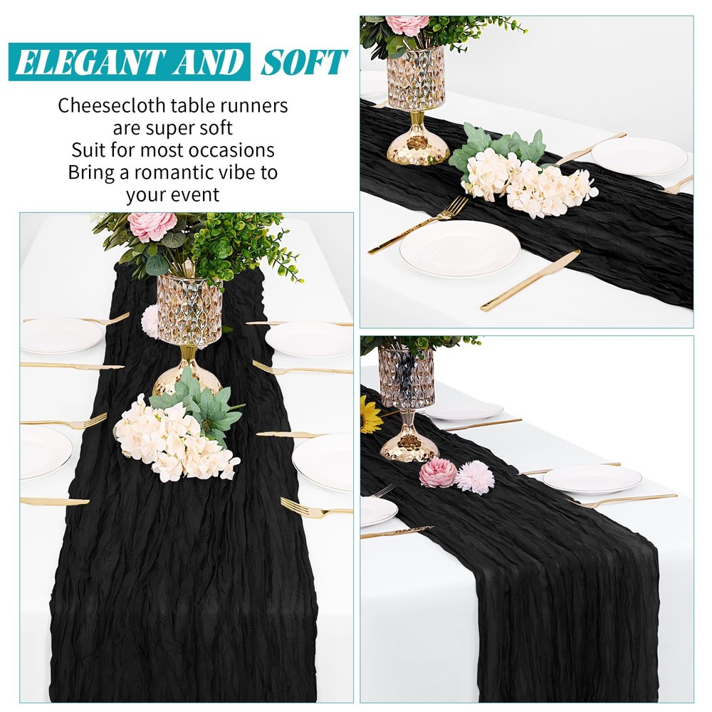 10 Pack Black Cheesecloth Table Runner, 35 x 70 Inch, Gauze, Rustic, Sheer