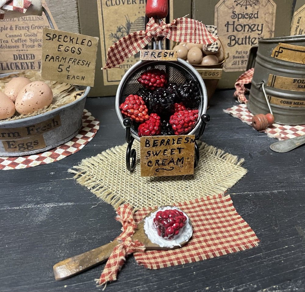 PRIMITIVE FARMHOUSE KITCHEN DECOR REPURPOSED SIFTER STRAINER BERRIES N CREAM