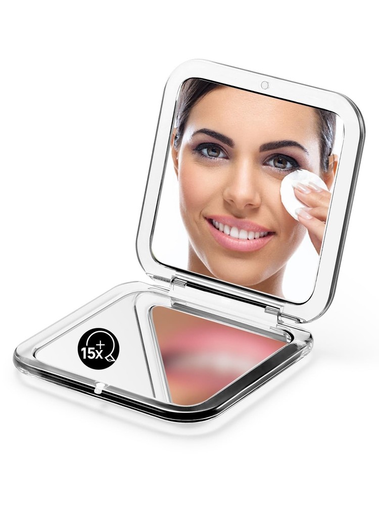 Folding Compact Mirror, 1X/15X Magnification 3½” Pocket Size Square Hand Mirr...