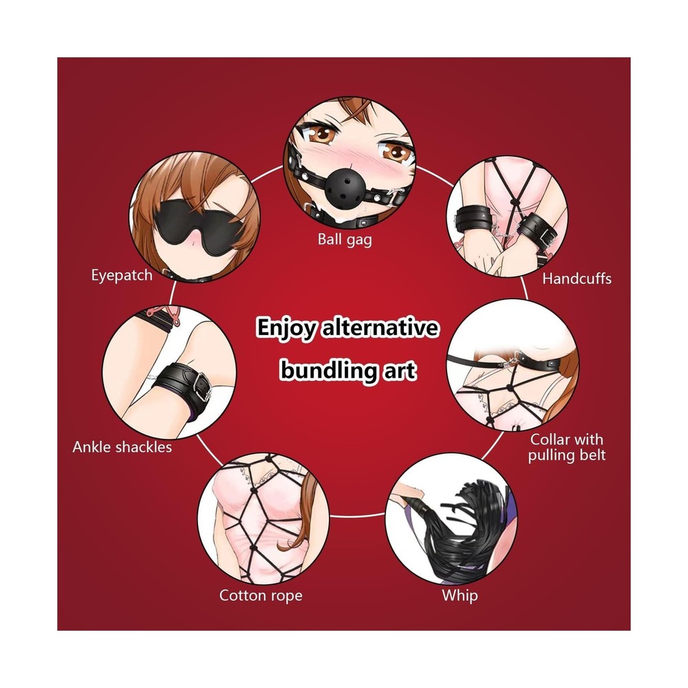 7-Pcs BDSM Kit for Beginners, Black Bondage Set for Couples with Adjustable W...