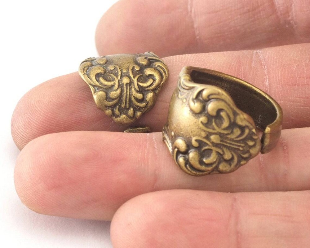 Spoon Ring Flower Patterned Adjustable Antique Bronze Plated Brass 17.5mm 2692
