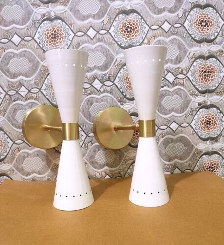 Handmade Brass Wall Sconce Reading Lamp - Beautiful Pair, White Shade