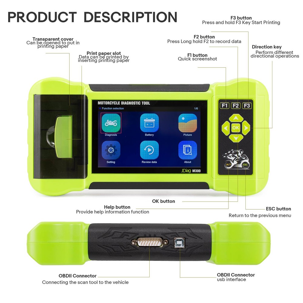 JDiag M300 Motorcycle Diagnostic OBD2 Scanner Full Version Dual System Testing