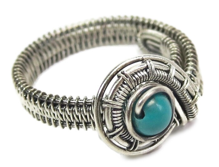 Turquoise Adjustable Ring, Woven in Sterling Silver Wire