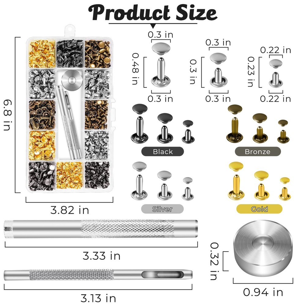 Leather Rivet Kit - 420 Sets, 4 Colors, 3 Sizes, Includes 3 Tools