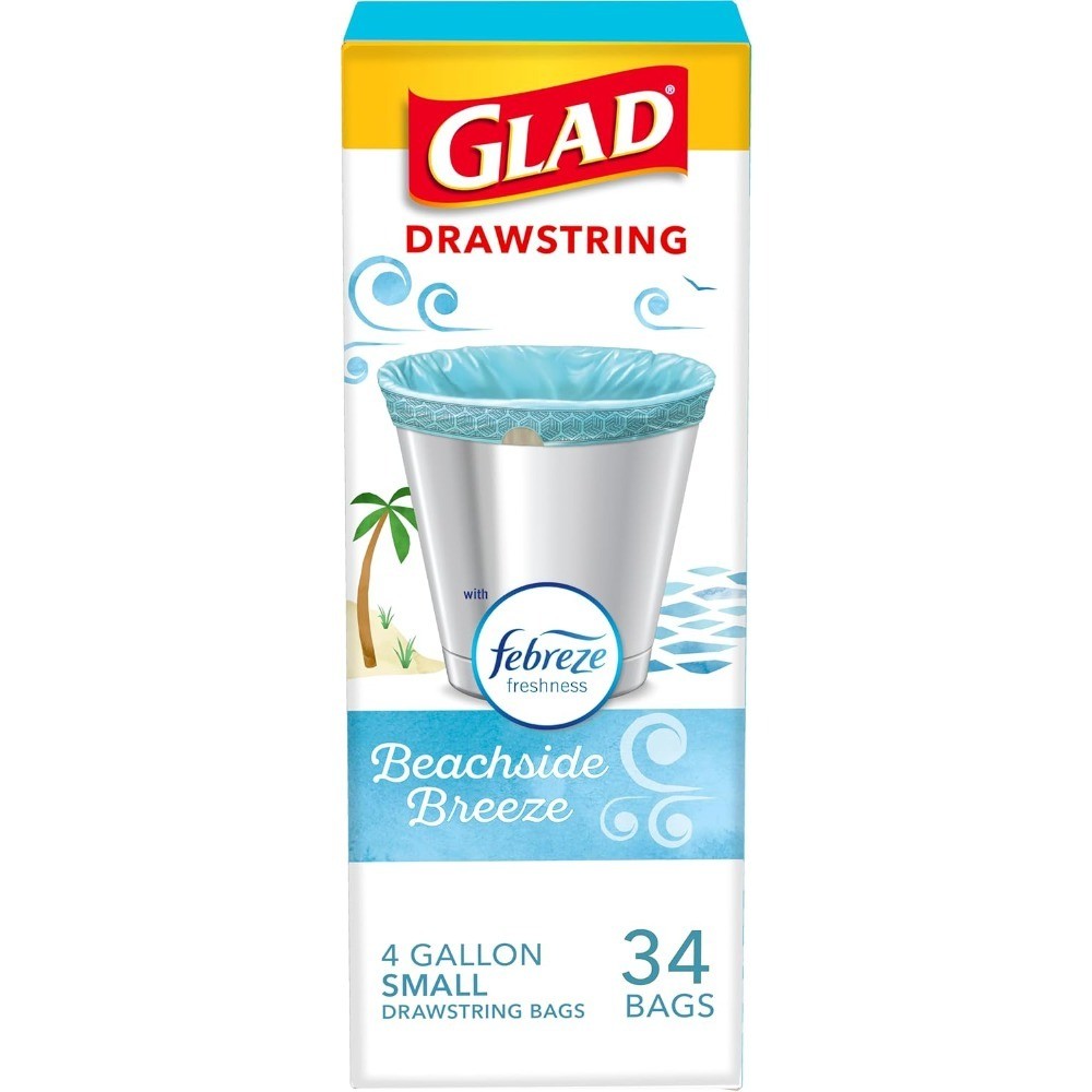 Small Drawstring Trash Bags 4 Gallon, Fresh Beachside Breeze Scent, 34 Count,