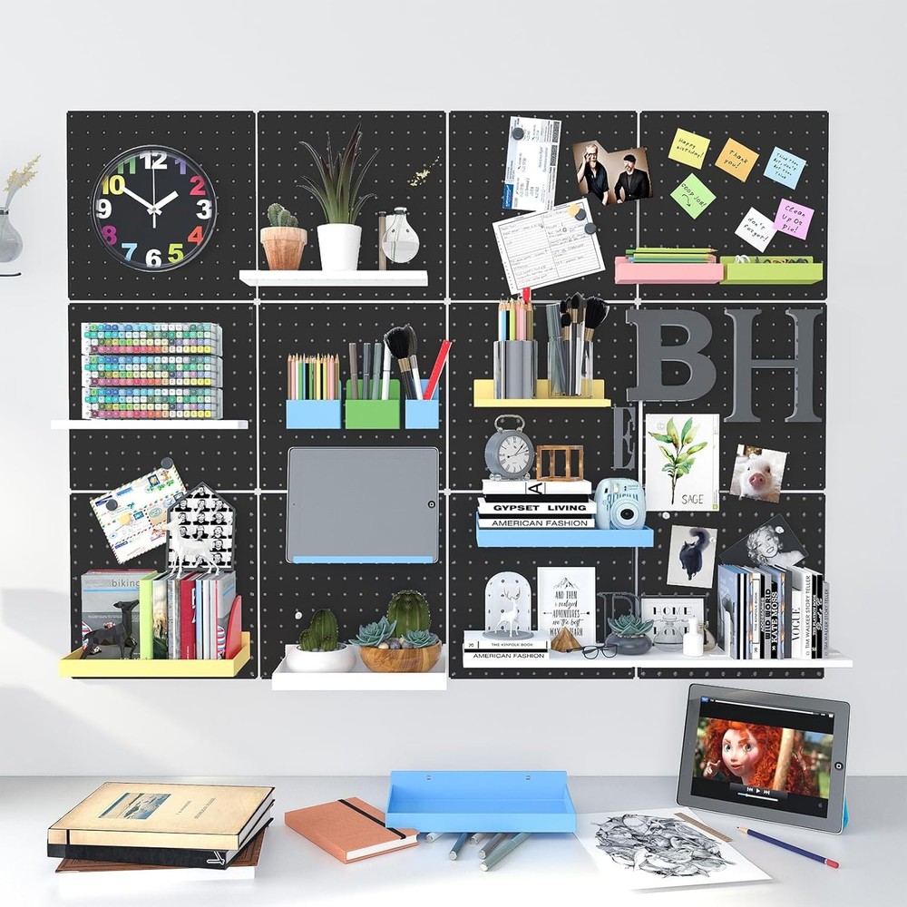 Peg Board, 4 Pack Metal Pegboard Panels Black Pegboards Wall 4PCS-Black
