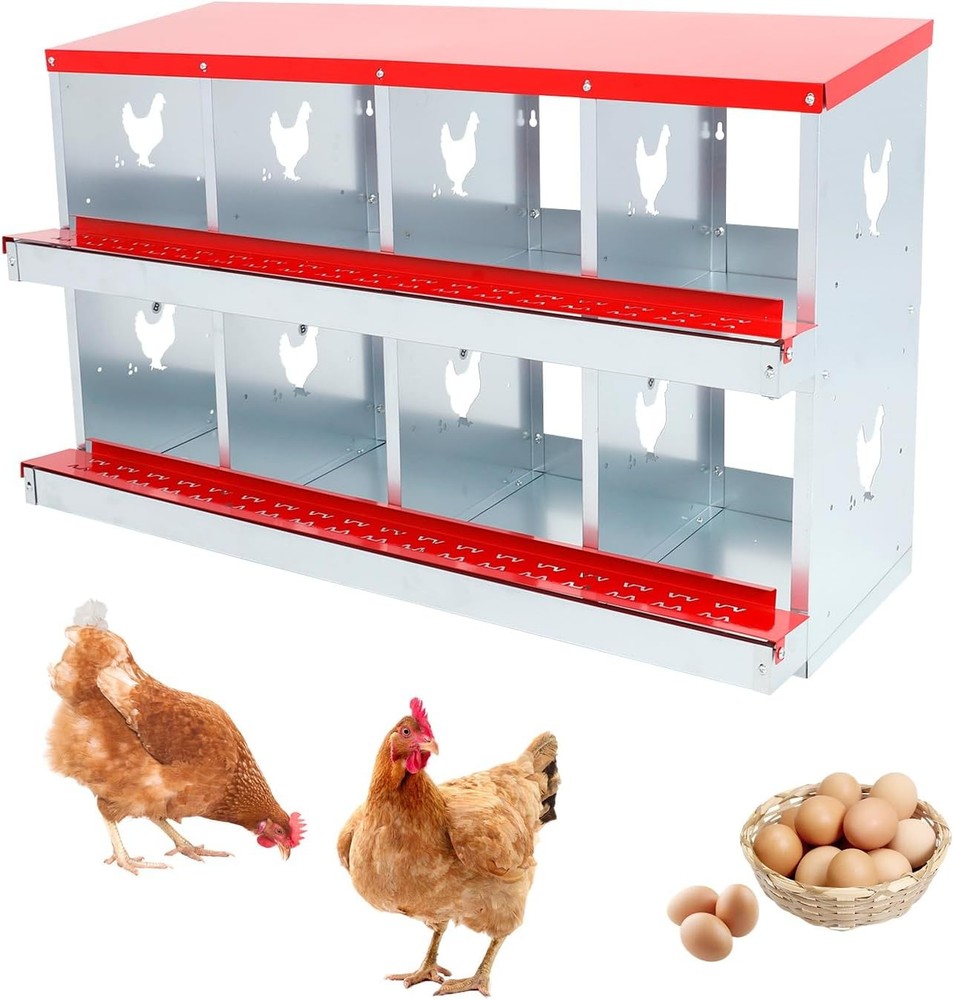 Two-Tier Chicken Nesting Box 8 Compartment Egg Laying Box with Lid Cover