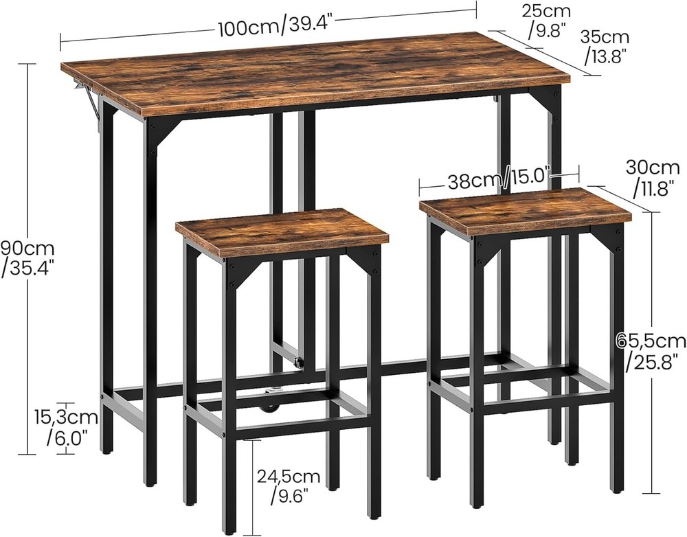 Bar Table & Stool Set 39.4'' Folding Dining Table W/ 2 Stools Industrial Style